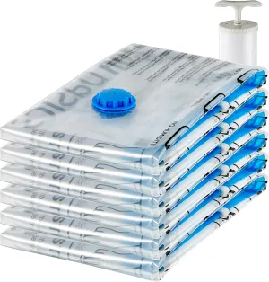 Amazon Basics Vacuum Compression Space Saving Storage Bags with Hand Pump for Clothes Packing, Jumbo, Clear, Pack of 6