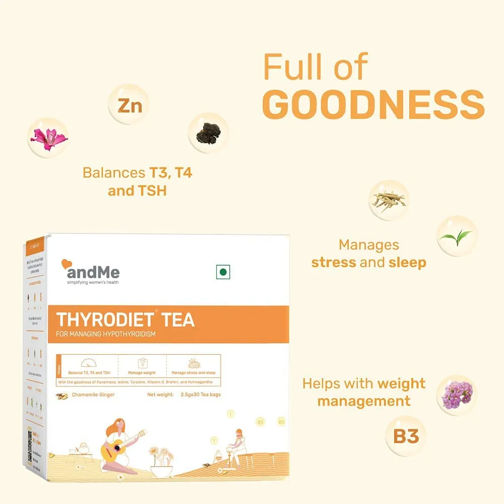 andMe Thyroid Tea for Hypothyroidism- Restore healthy T3, T4 levels, Manages Weight, stress and sleep, Green Tea and Multivitamins (Thyroid Tea, Pack of 2, 60 Tea Bags, 150 gms