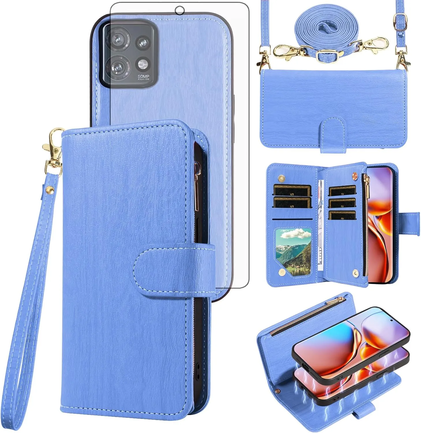 Asuwish Phone Case for Motorola Edge  Plus 2023/Edge 40 Pro 5G/Moto X40 Zipper Wallet Magnetic Detachable Cell Cover with Tempered Glass Screen Protector Crossbody Strap Card Holder X   Women Men Blue
