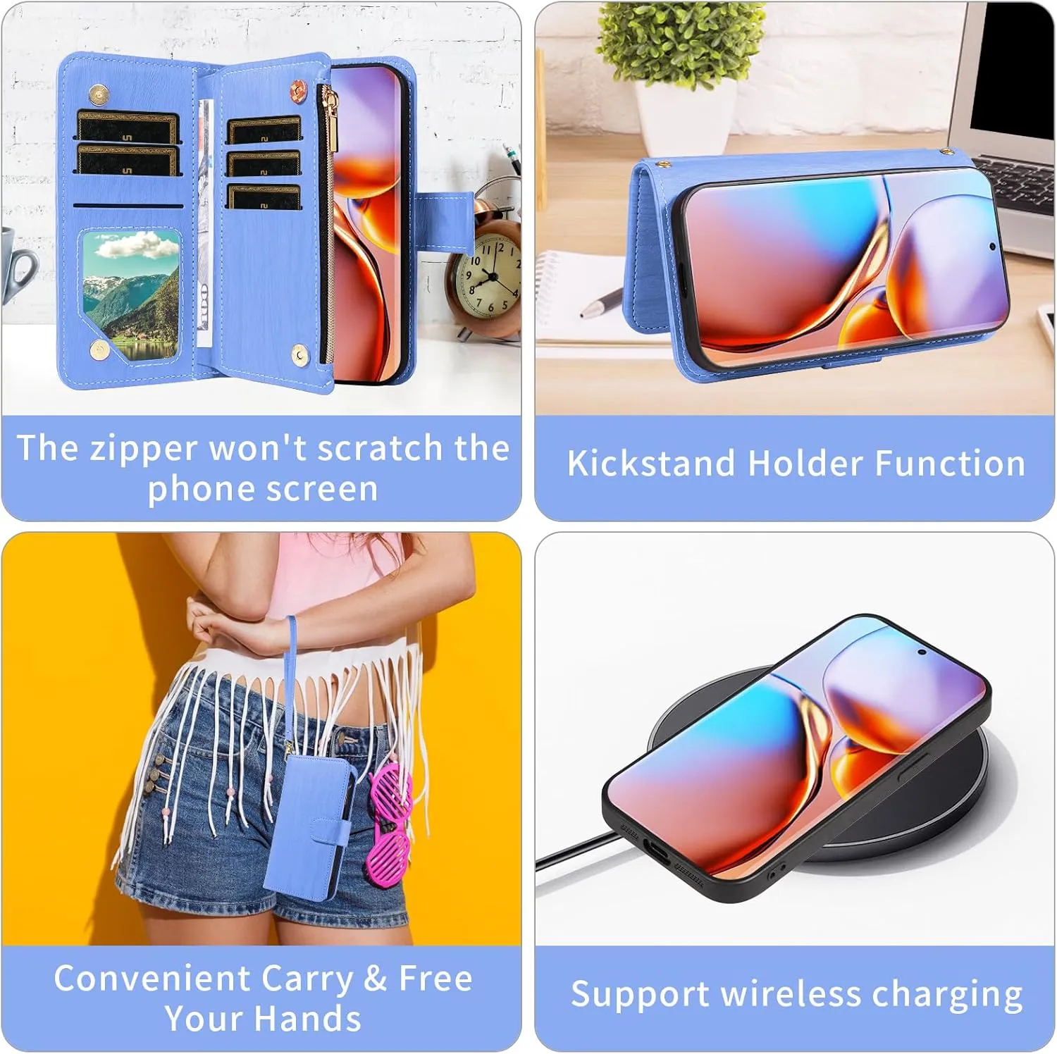 Asuwish Phone Case for Motorola Edge  Plus 2023/Edge 40 Pro 5G/Moto X40 Zipper Wallet Magnetic Detachable Cell Cover with Tempered Glass Screen Protector Crossbody Strap Card Holder X   Women Men Blue