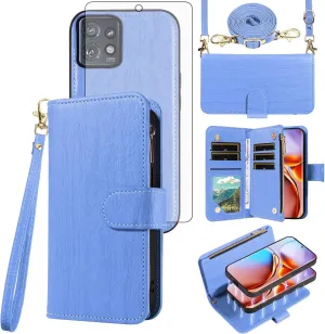 Asuwish Phone Case for Motorola Edge  Plus 2023/Edge 40 Pro 5G/Moto X40 Zipper Wallet Magnetic Detachable Cell Cover with Tempered Glass Screen Protector Crossbody Strap Card Holder X   Women Men Blue