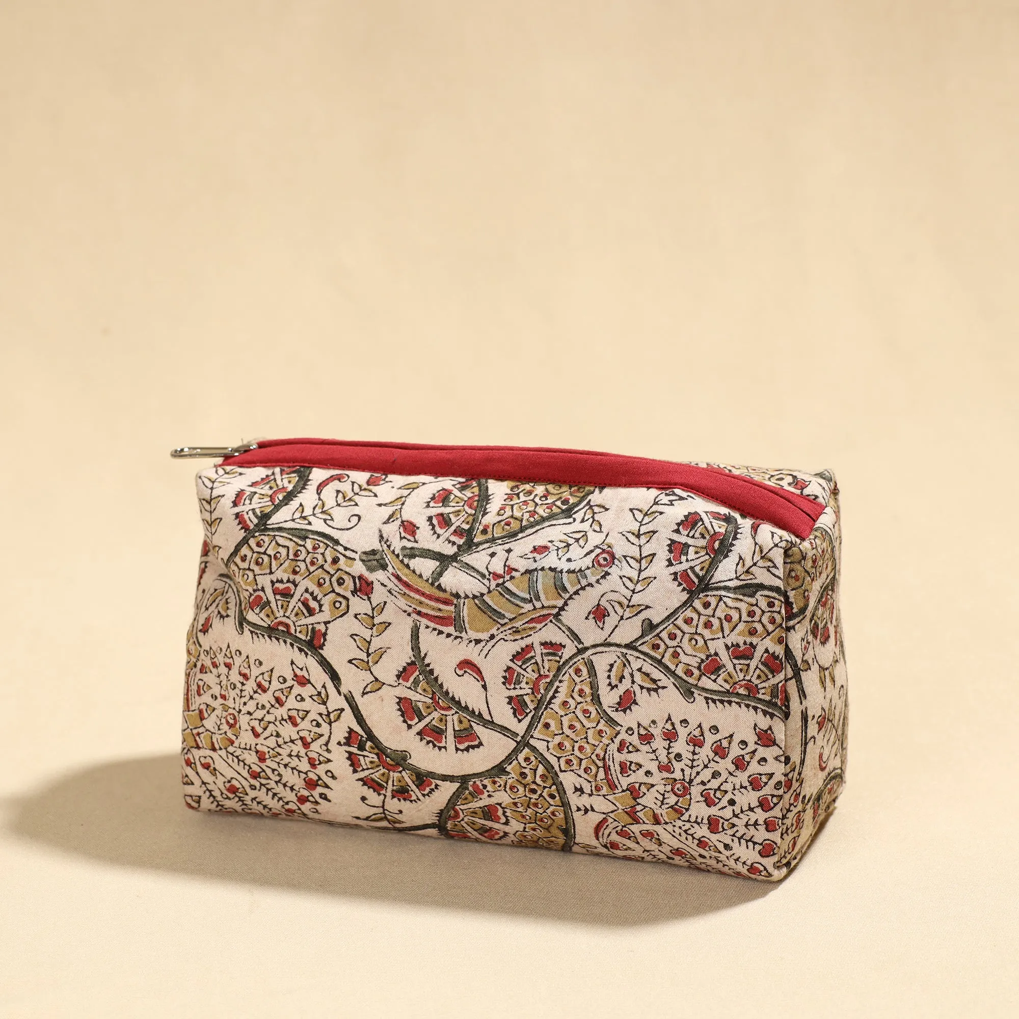 Beige - Kalamkari Block Printed Cotton Toiletry Pouch 01