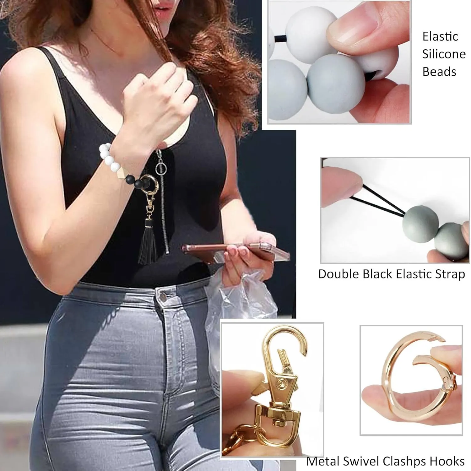BIHRTC Silicone Key Ring Bracelets Wristlet Keychain Wallet with Net Chapstick Holder for Women