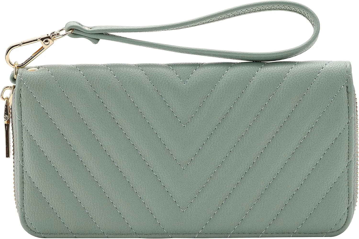 Brentano Vegan Leather Slim Single-Zipper Chevron Embroidered Wallet Clutch with Removable Wrist Strap (Mint)
