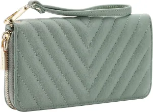 Brentano Vegan Leather Slim Single-Zipper Chevron Embroidered Wallet Clutch with Removable Wrist Strap (Mint)