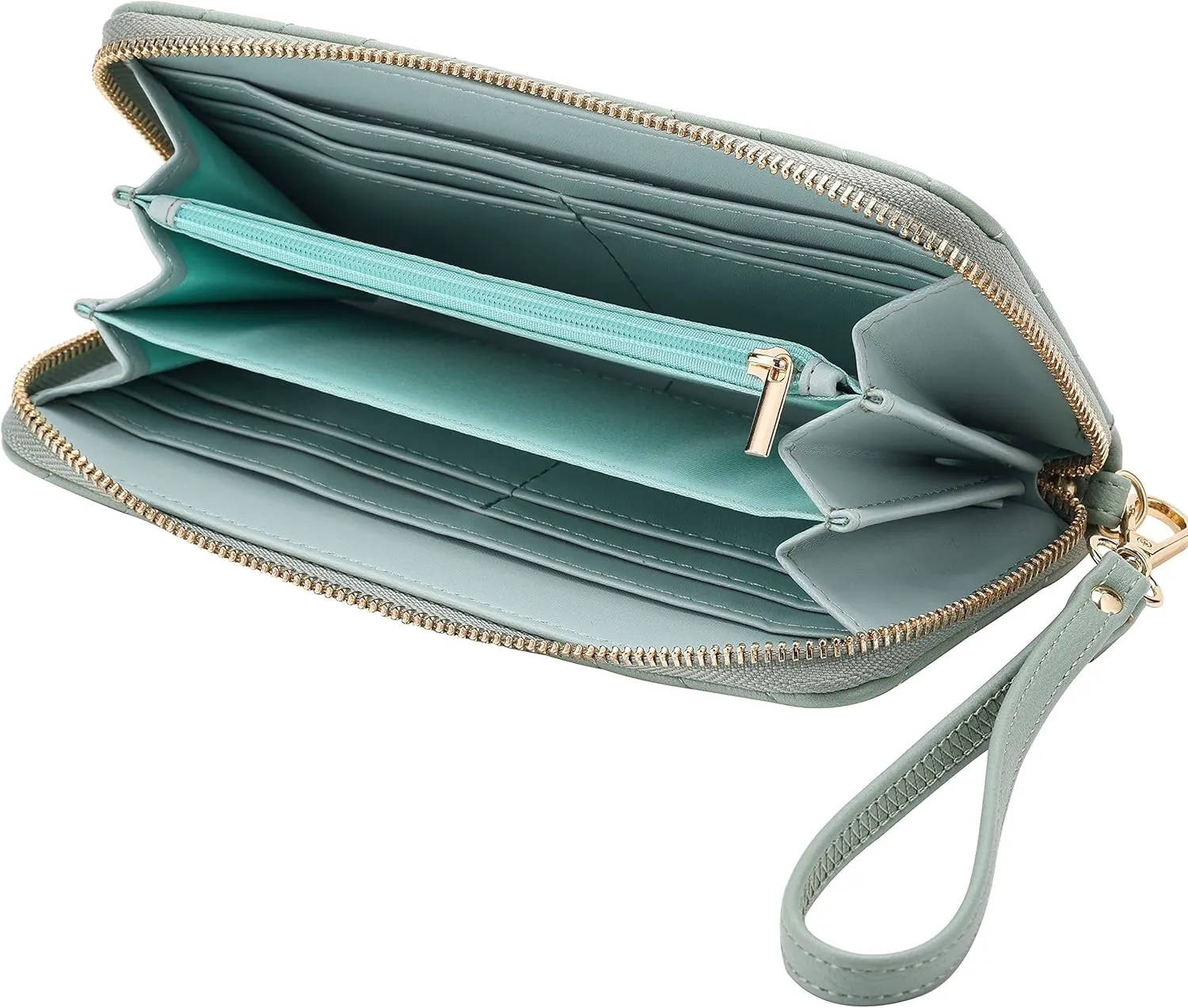 Brentano Vegan Leather Slim Single-Zipper Chevron Embroidered Wallet Clutch with Removable Wrist Strap (Mint)