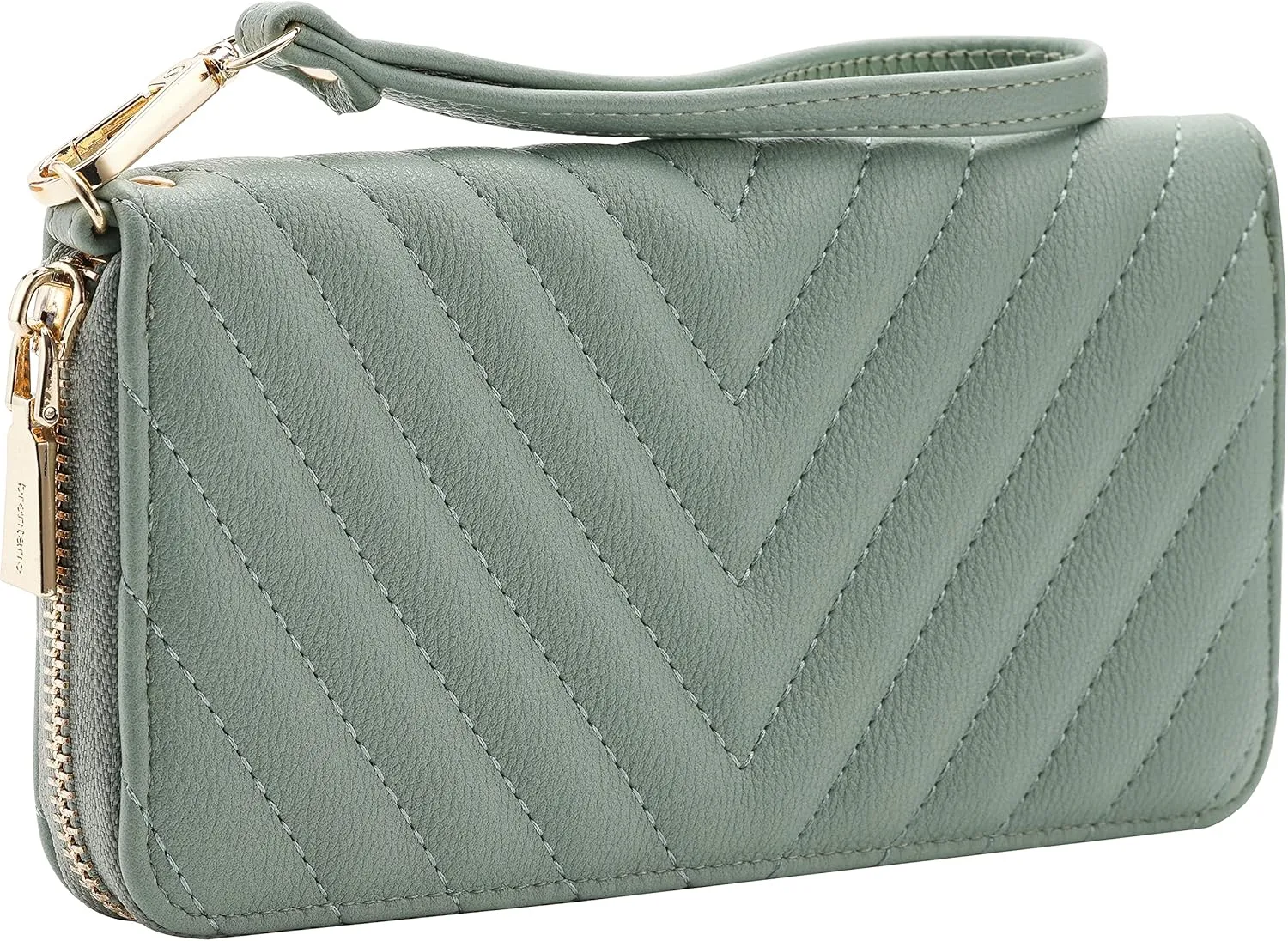Brentano Vegan Leather Slim Single-Zipper Chevron Embroidered Wallet Clutch with Removable Wrist Strap (Mint)
