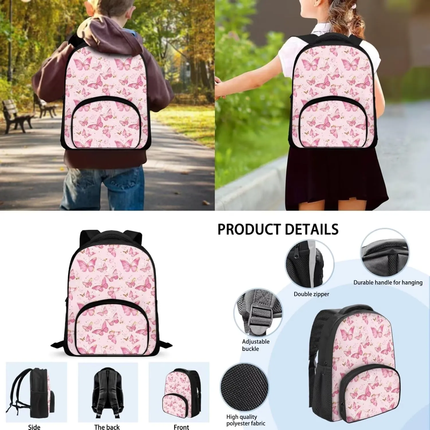 Butterfly School Bags for Girls Kids Backpack for School Girls Cute Backpack Set Lunch Box & Pencil Case Lightweight Backpacks