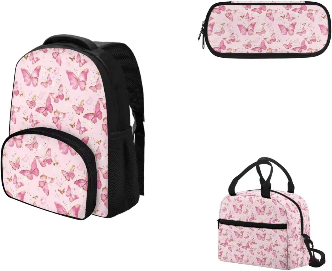 Butterfly School Bags for Girls Kids Backpack for School Girls Cute Backpack Set Lunch Box & Pencil Case Lightweight Backpacks