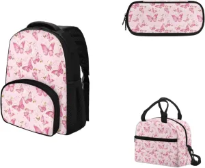Butterfly School Bags for Girls Kids Backpack for School Girls Cute Backpack Set Lunch Box & Pencil Case Lightweight Backpacks