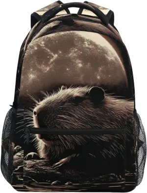 Capybara Moon Gray Backpack for School Boys Girls Laptop Travel Backpack Book Bag Daypack 11.4 16 In S