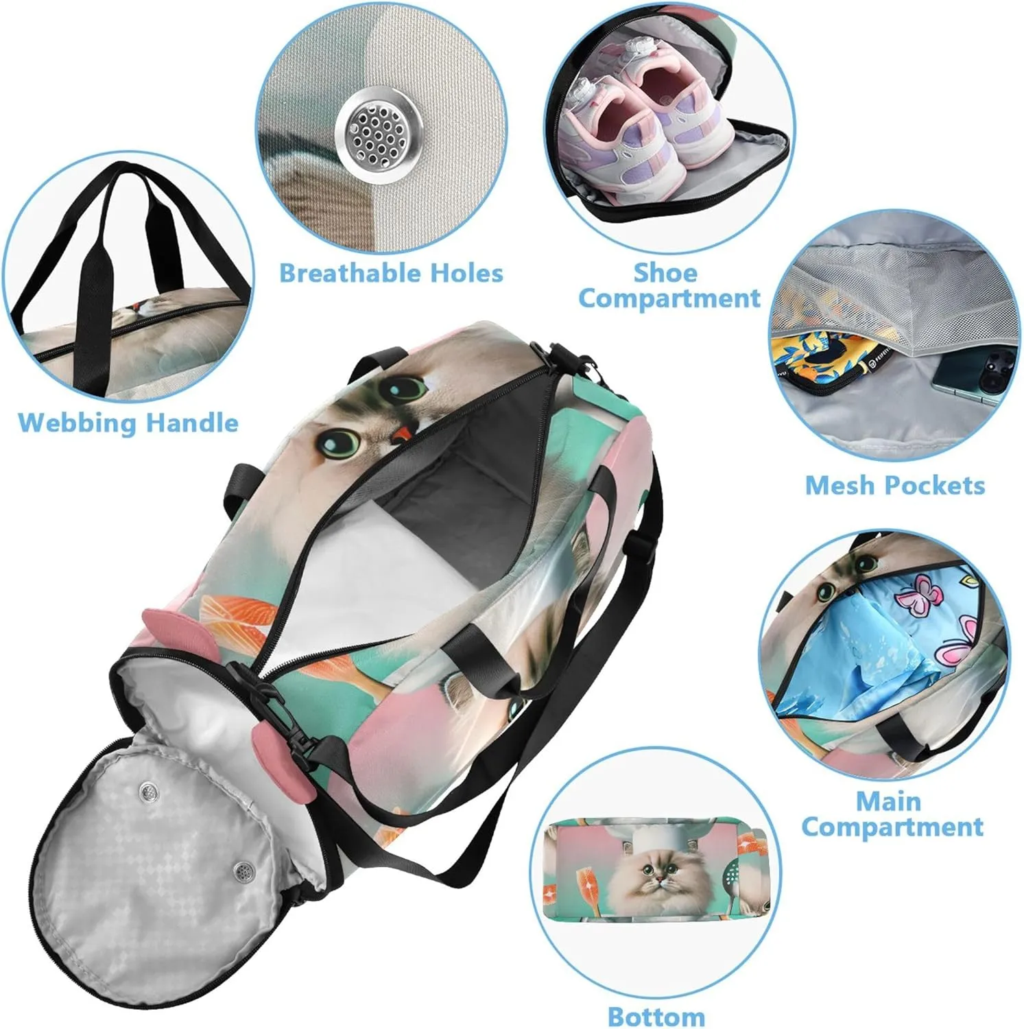 Chef Cat Funny Cooking Carry on Duffel Bag Boys Toddler Weekender Bags Girls Tote Duffle Bags Travel Kids Gym Duffle