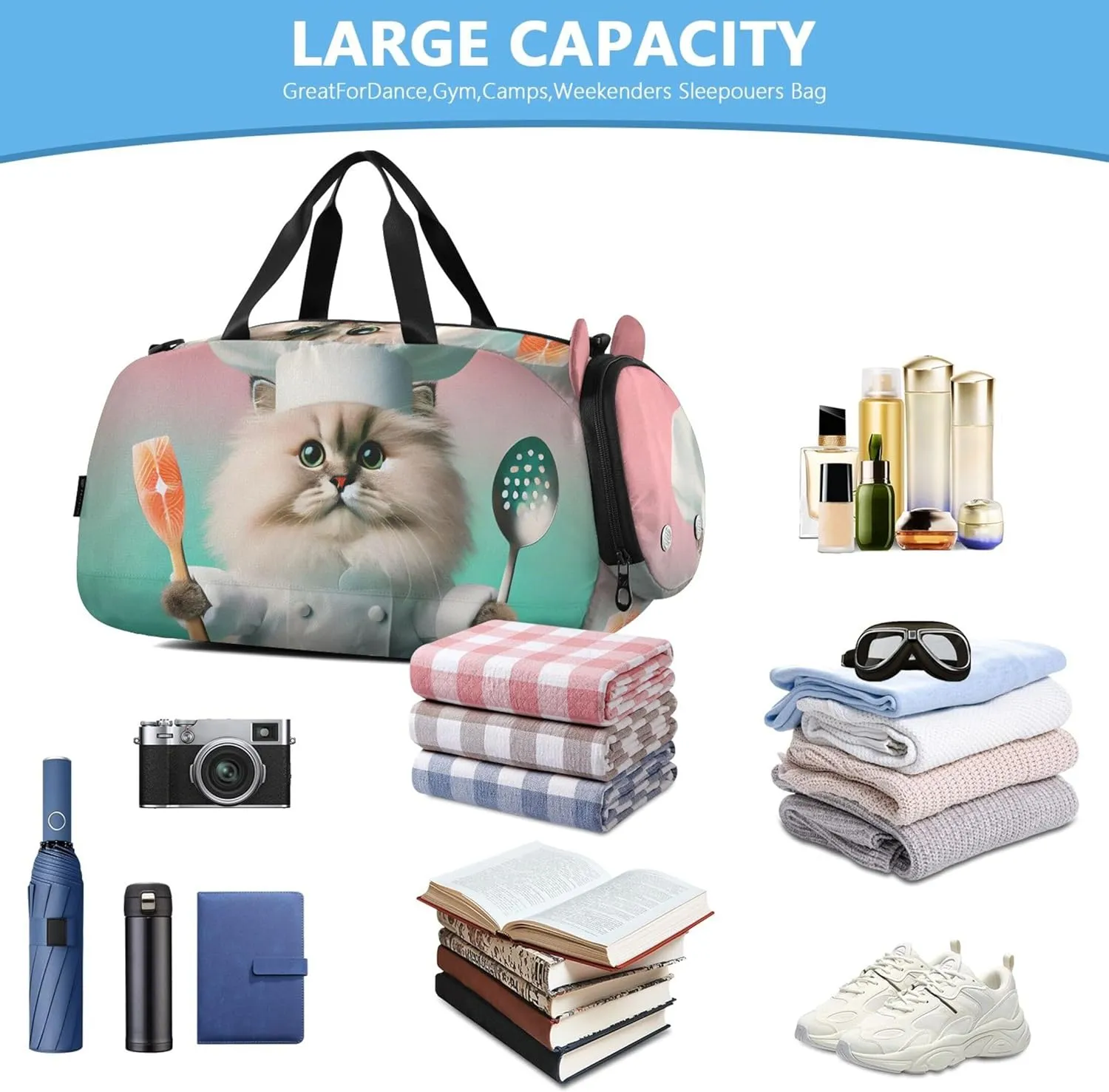 Chef Cat Funny Cooking Carry on Duffel Bag Boys Toddler Weekender Bags Girls Tote Duffle Bags Travel Kids Gym Duffle