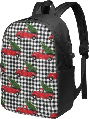 Christmas Red Truck Tree Usb Travel Laptop Backpack  Durable Polyester Backbag With Charging Port & Headphone Jack