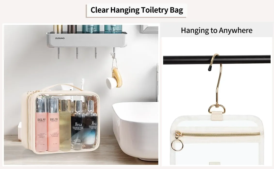 CUBETASTIC Clear Makeup Bags, Travel Make Up Organizer Storage Case, Hanging Toiletry Bag with Zipper Compartment, Small Travel Bag for Toiletries Portable Cosmetic Skincare Pouch with Handle