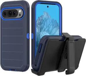Designed for Google Pixel 9/Google Pixel 9 Pro Case with Belt Clip & Kickstand, Full-Body Triple Layers Rugged Case for Pixel 9/Pixel 9 Pro 5G 6.3 inch Phone (Dark Blue Blue)