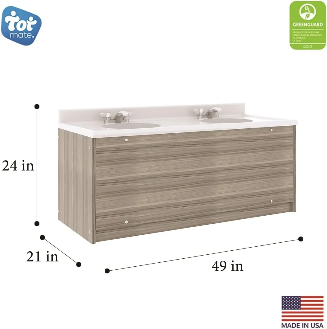 Double Laminate Floor Vanity Bathroom Sink with Marble Top, Modern Bathroom Sink for Children and Toddlers for Preschool, Nursery or Schools, Ready-to-Assemble, 49" Wide, Shadow Elm Gray