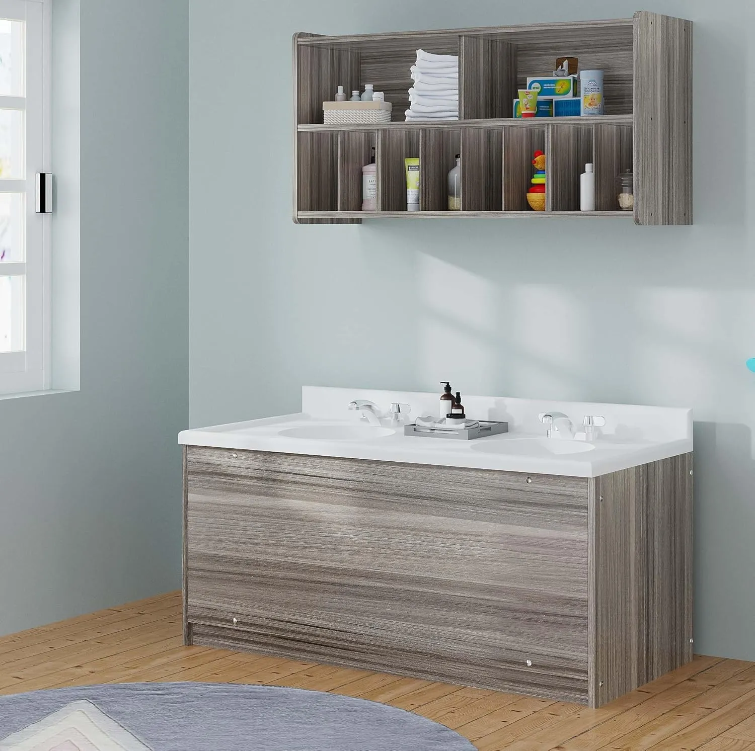 Double Laminate Floor Vanity Bathroom Sink with Marble Top, Modern Bathroom Sink for Children and Toddlers for Preschool, Nursery or Schools, Ready-to-Assemble, 49" Wide, Shadow Elm Gray