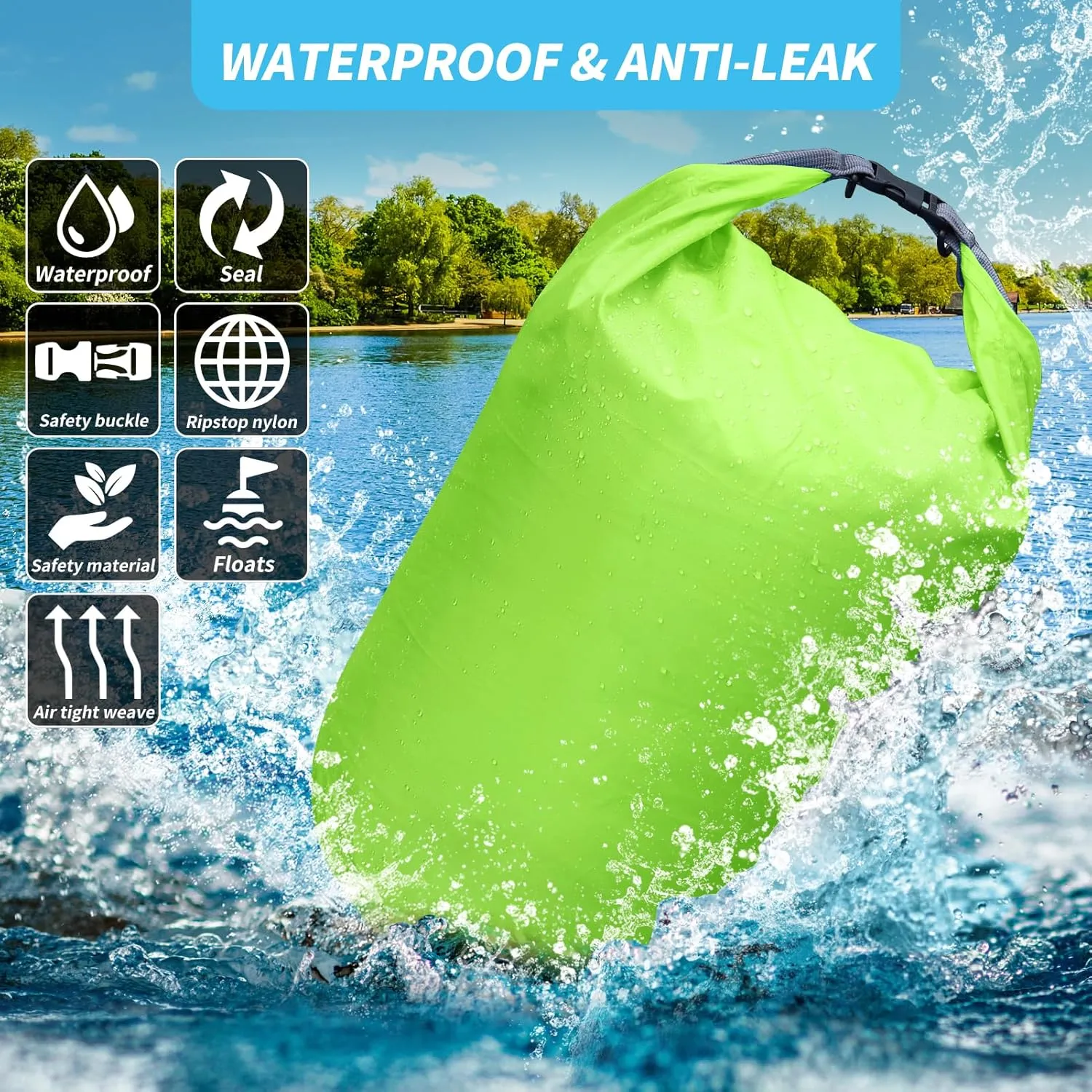 Dry Bag Set, Waterproof Small Lightweight Dry Bags for Paddle Board Kayaking, Fishing, Camping (Green, 70L 2Pack)