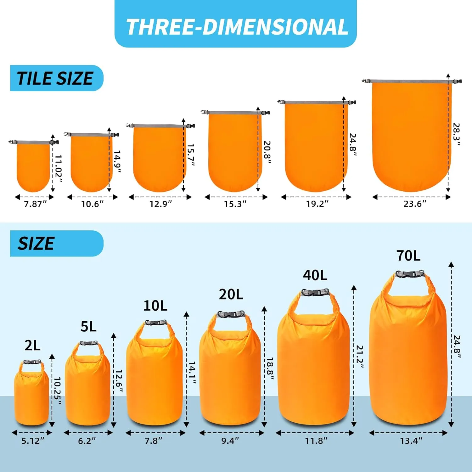 Dry Bag Set, Waterproof Small Lightweight Dry Bags for Paddle Board Kayaking, Fishing, Camping (Orange, 70L 2Pack)