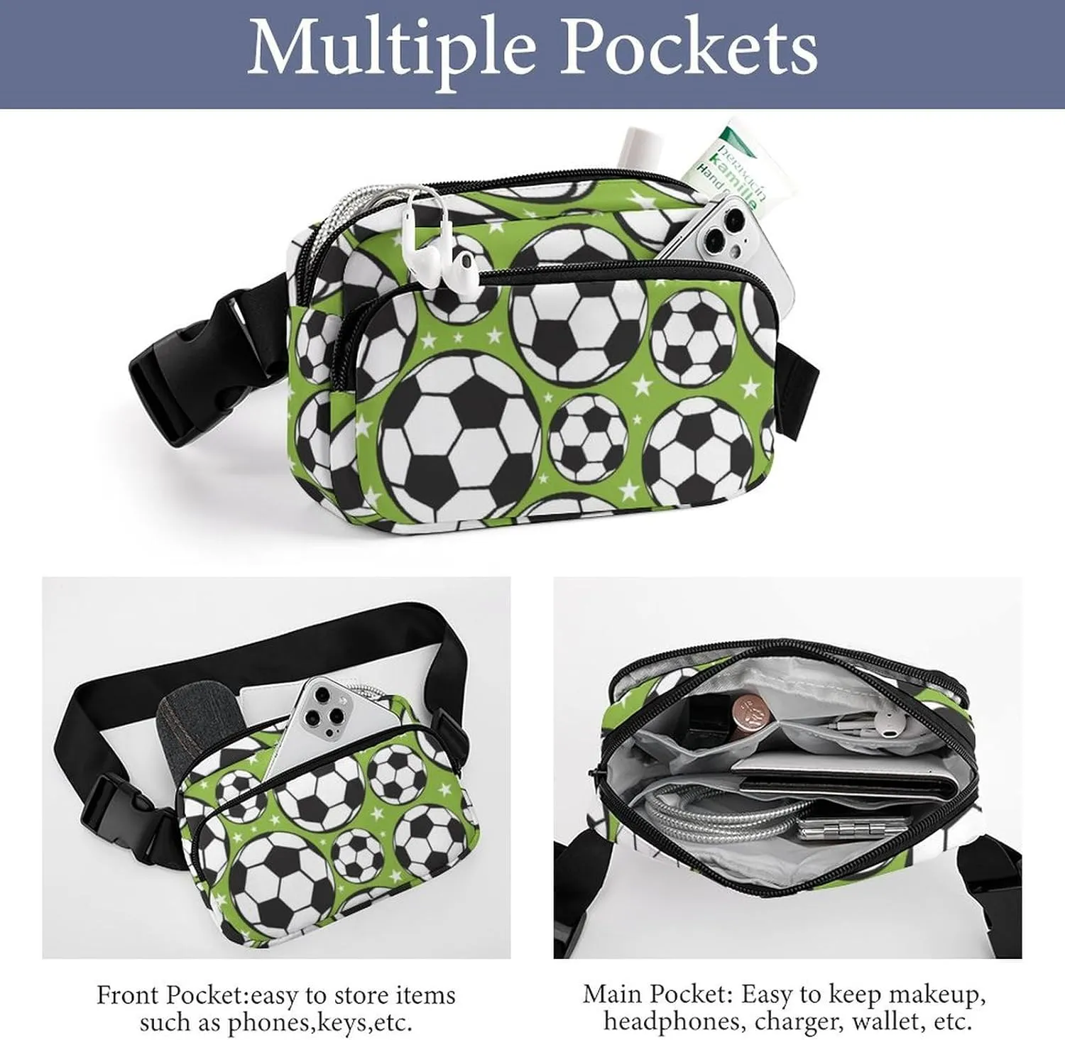 Fanny Pack for Women Men Sport Soccer Ball Belt Bag Green Waist Pack Bum Bag for Running Cycling Hiking Travel Workout with Adjustable Strap