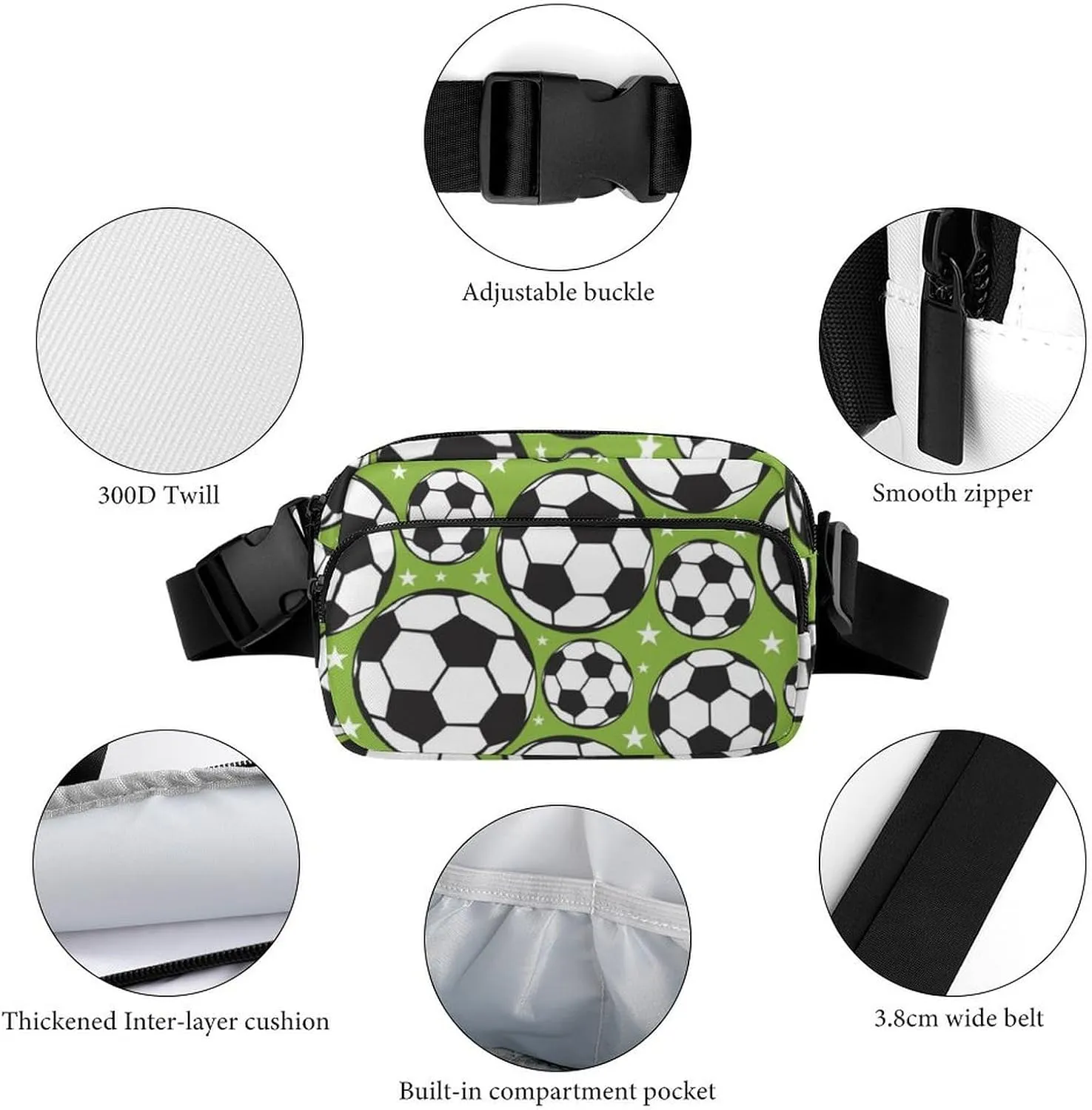 Fanny Pack for Women Men Sport Soccer Ball Belt Bag Green Waist Pack Bum Bag for Running Cycling Hiking Travel Workout with Adjustable Strap