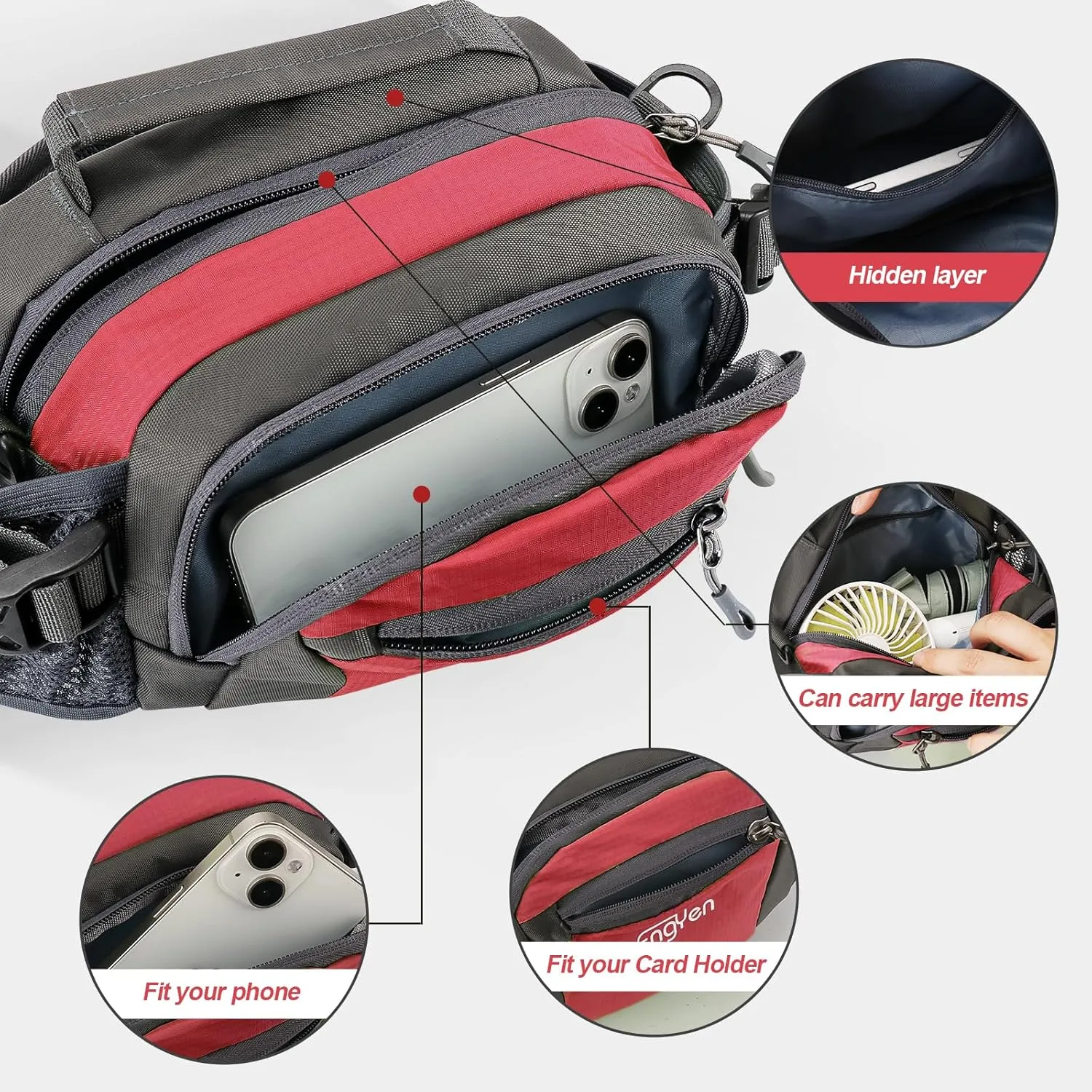 Fanny Pack Waist Bag for Women Men, running packs gear with Phone Water Bottle holder Adjustable belt, for Travel Workout Hiking, carrying iPhone money, multi colors (red)