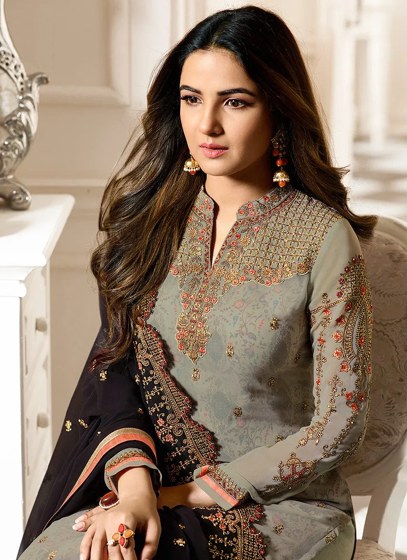 Grey And Marron Ethnic Embroidered Pakistani Pant Suit