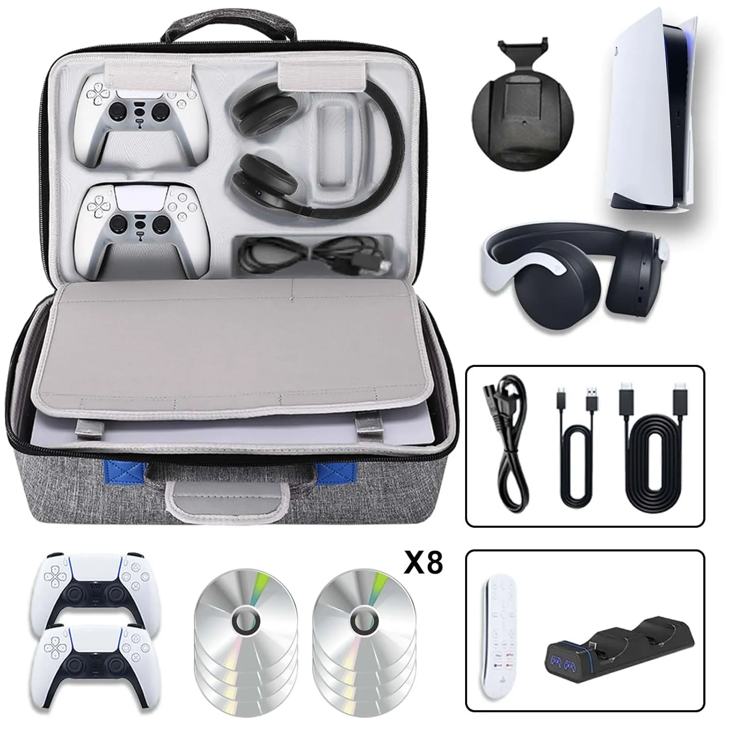 Hard Shell Carrying Case for PS5, PS5 Pro, Portable Carry Bag PlayStation 5 Compatible with Disk Digital Edition, PS5 Console Travel Suitcase for Controller, Headset, Base and Game Accessories Gray