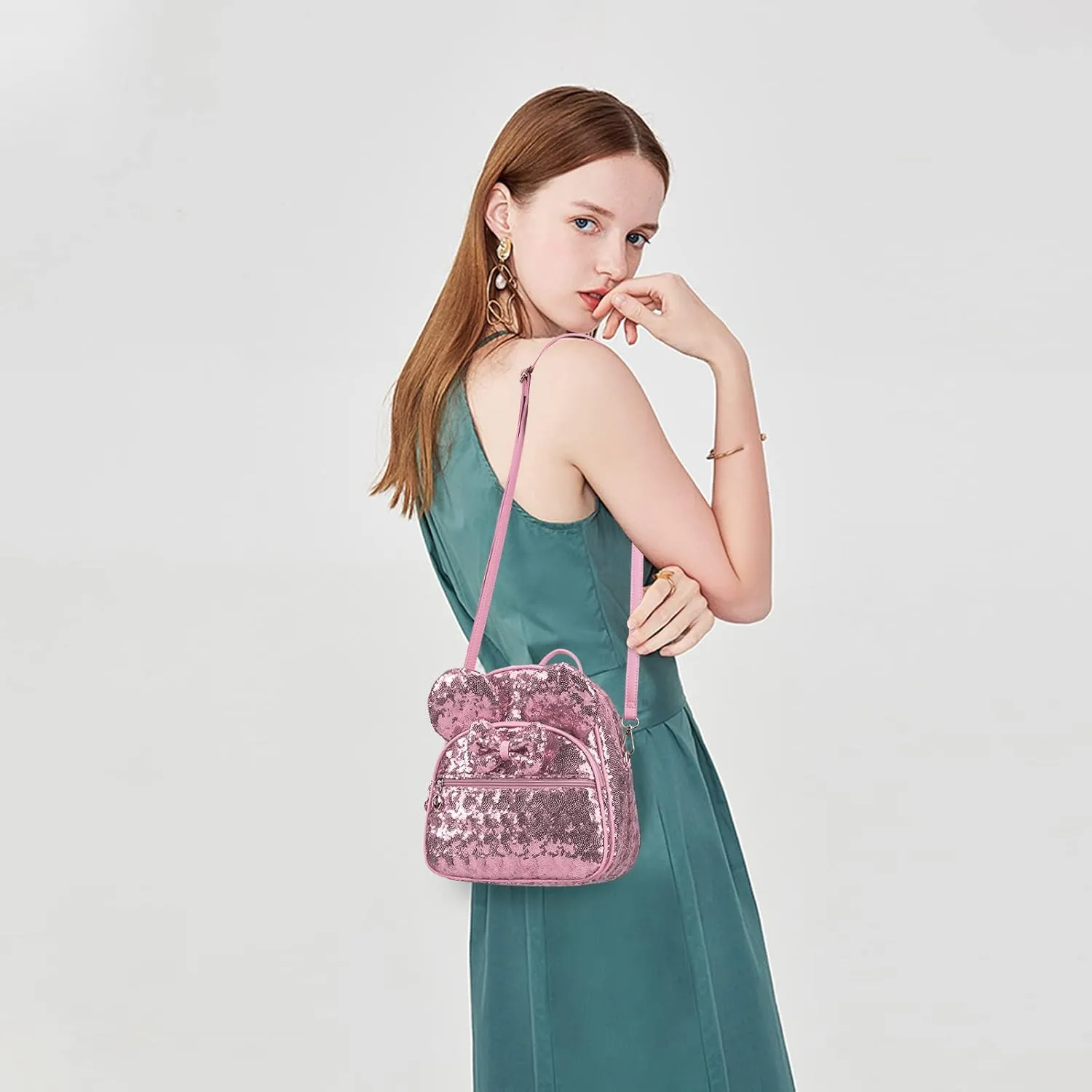 KL928 Girls Mini Backpack Bowknot Polka Dot Cute Daypacks Convertible Shoulder Bag Purse for Women (Sequin Pink)