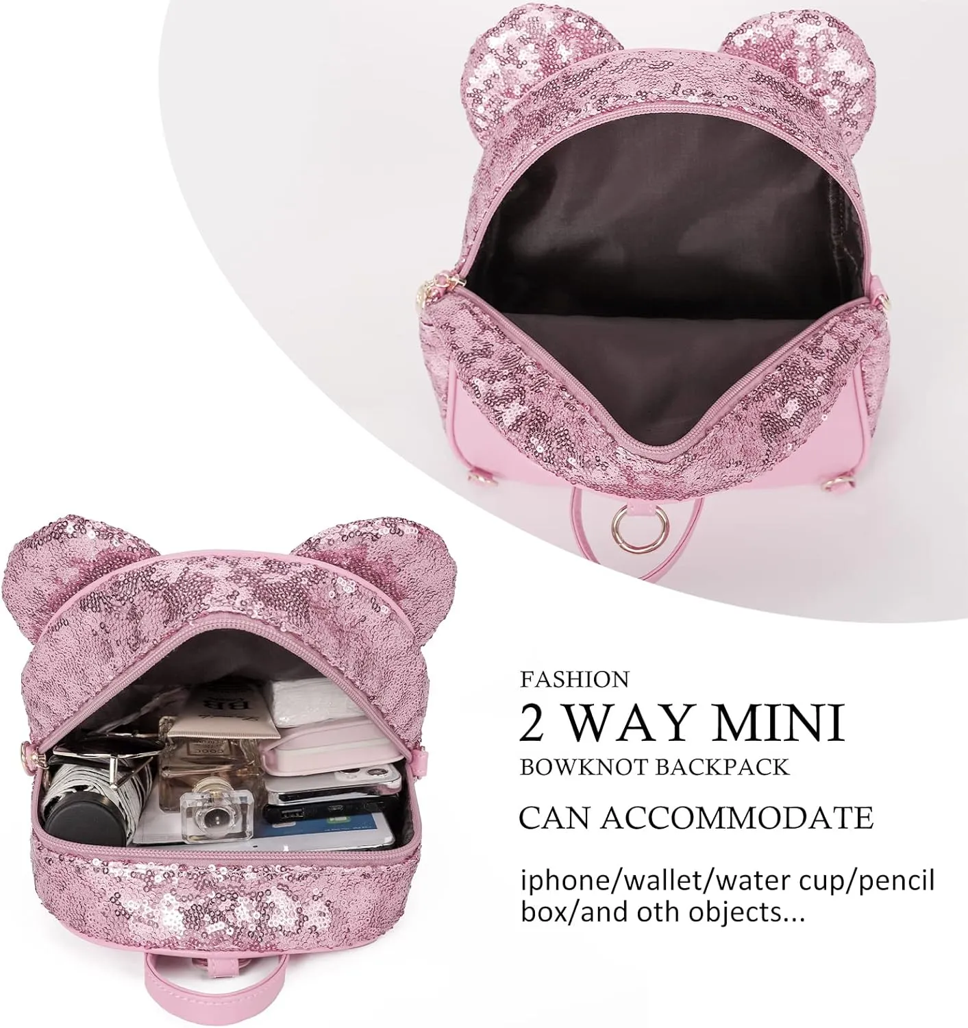 KL928 Girls Mini Backpack Bowknot Polka Dot Cute Daypacks Convertible Shoulder Bag Purse for Women (Sequin Pink)