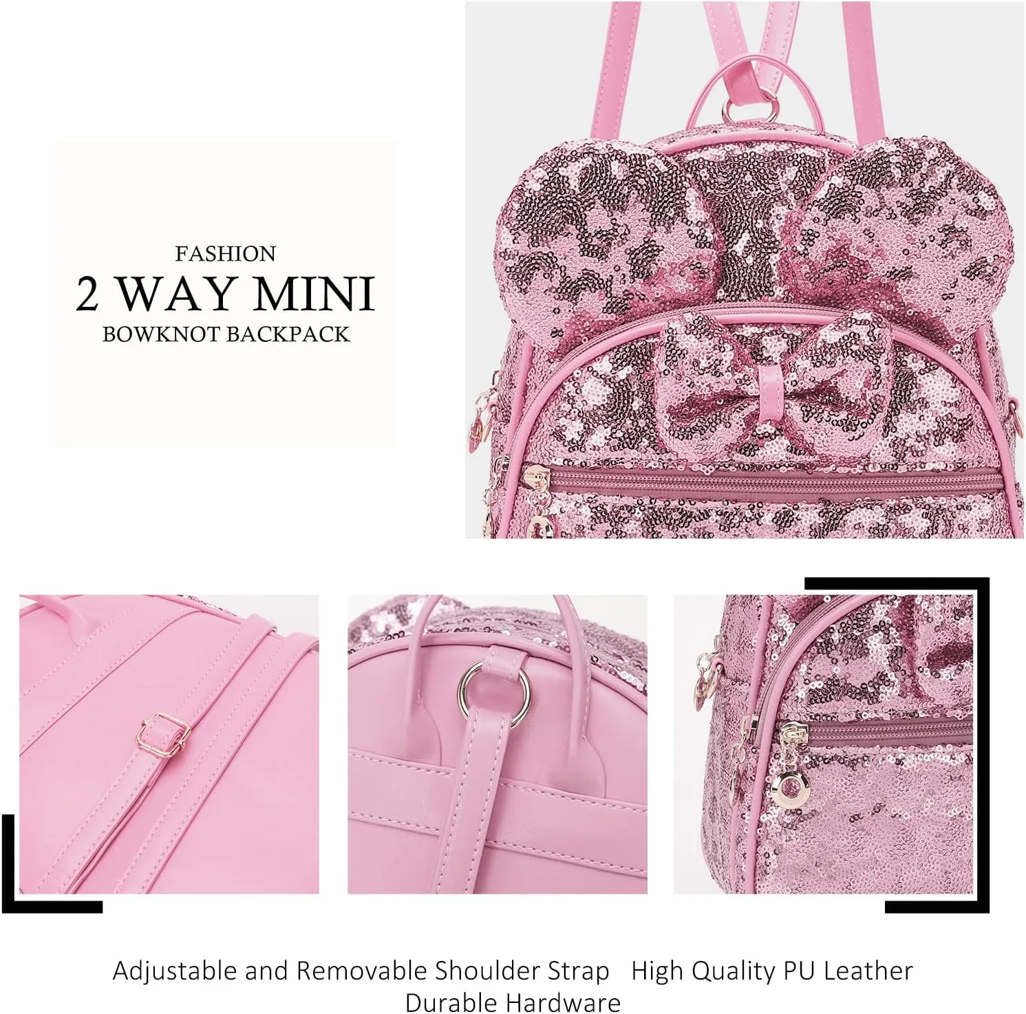 KL928 Girls Mini Backpack Bowknot Polka Dot Cute Daypacks Convertible Shoulder Bag Purse for Women (Sequin Pink)