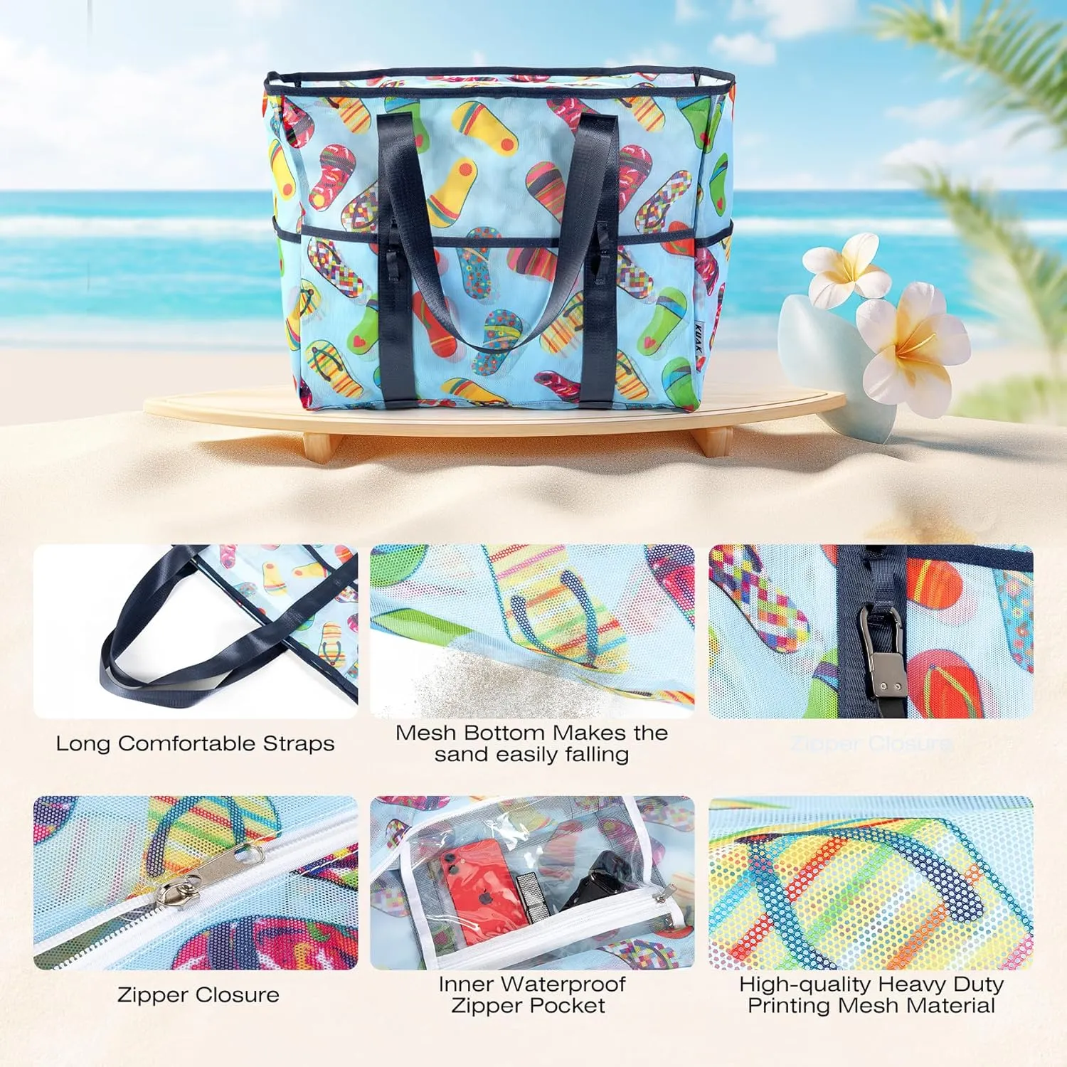 KUAK Mesh Beach Bag, Extra Large Waterproof Sandproof Tote with 9 Pockets, Zippered Top, Lightweight for Travel, Pool, Family