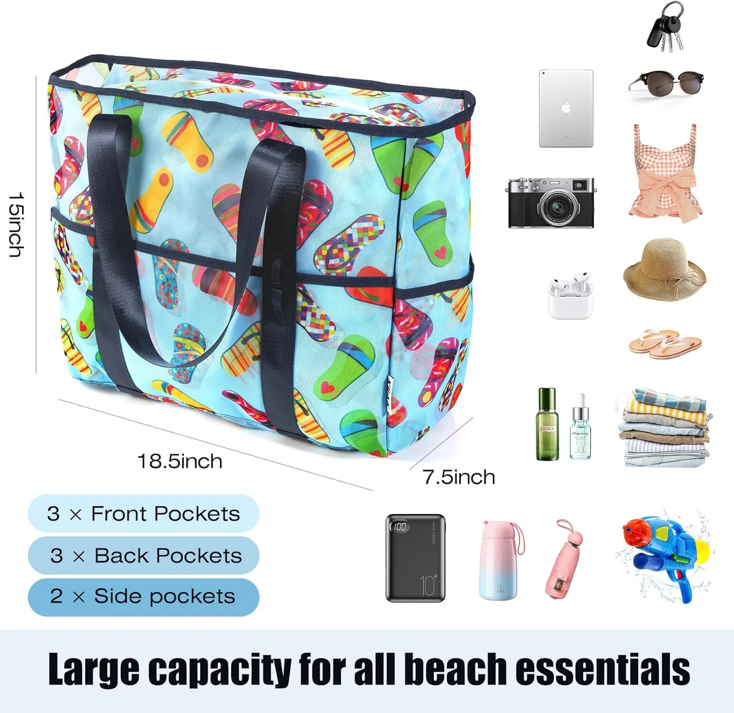 KUAK Mesh Beach Bag, Extra Large Waterproof Sandproof Tote with 9 Pockets, Zippered Top, Lightweight for Travel, Pool, Family