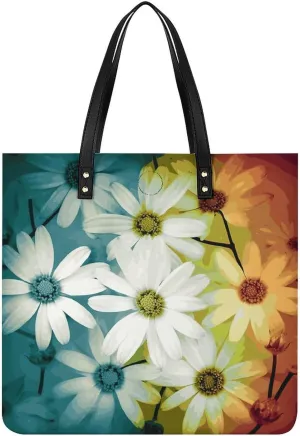 Ladies Soft Leather Wallet Leather Printed Handbags for Women Daisy Flowers in Different Featured Framed Printed Satchel Tote Fashion Shoulder Bag Purses
