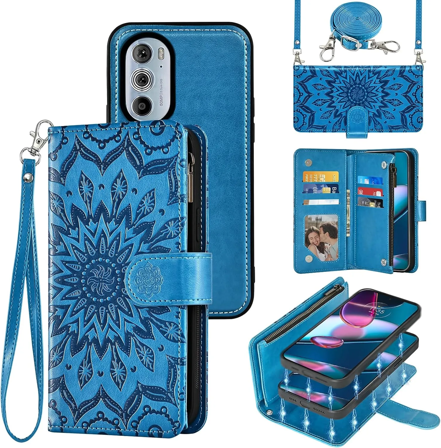 Phone Case for Motorola Edge  Plus 2022/Edge X30/30 Pro Zipper Wallet Magnetic Detachable Cell Cover with Screen Protector Crossbody Lanyard Strap Flip Card Holder Slot Moto Edge   5G UW Blue
