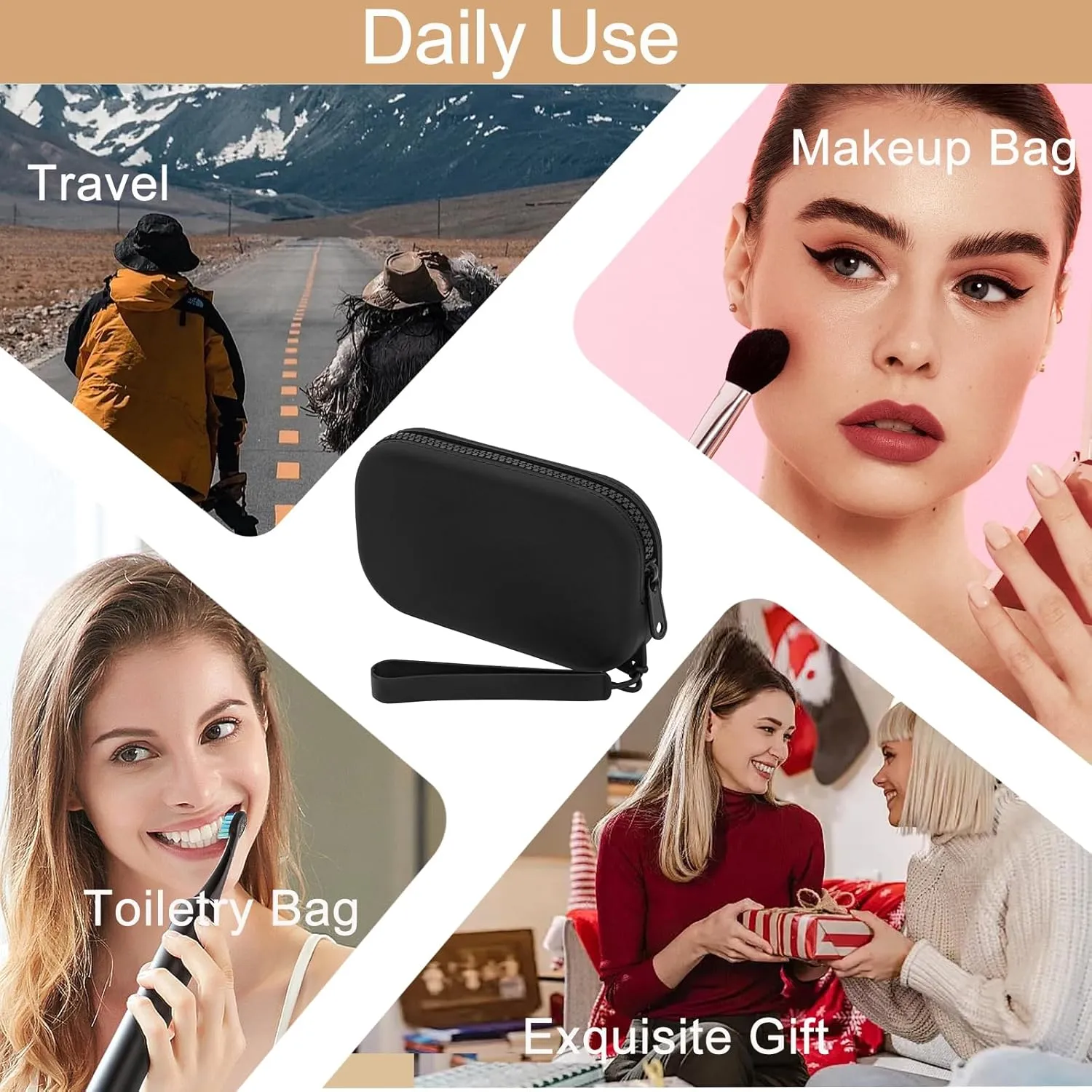 Portable Silicone Makeup Bag for Women, Small Travel Waterproof Toiletry Cosmetic Bag, Zipper Closure Organizer Makeup Case with Handle (Black)