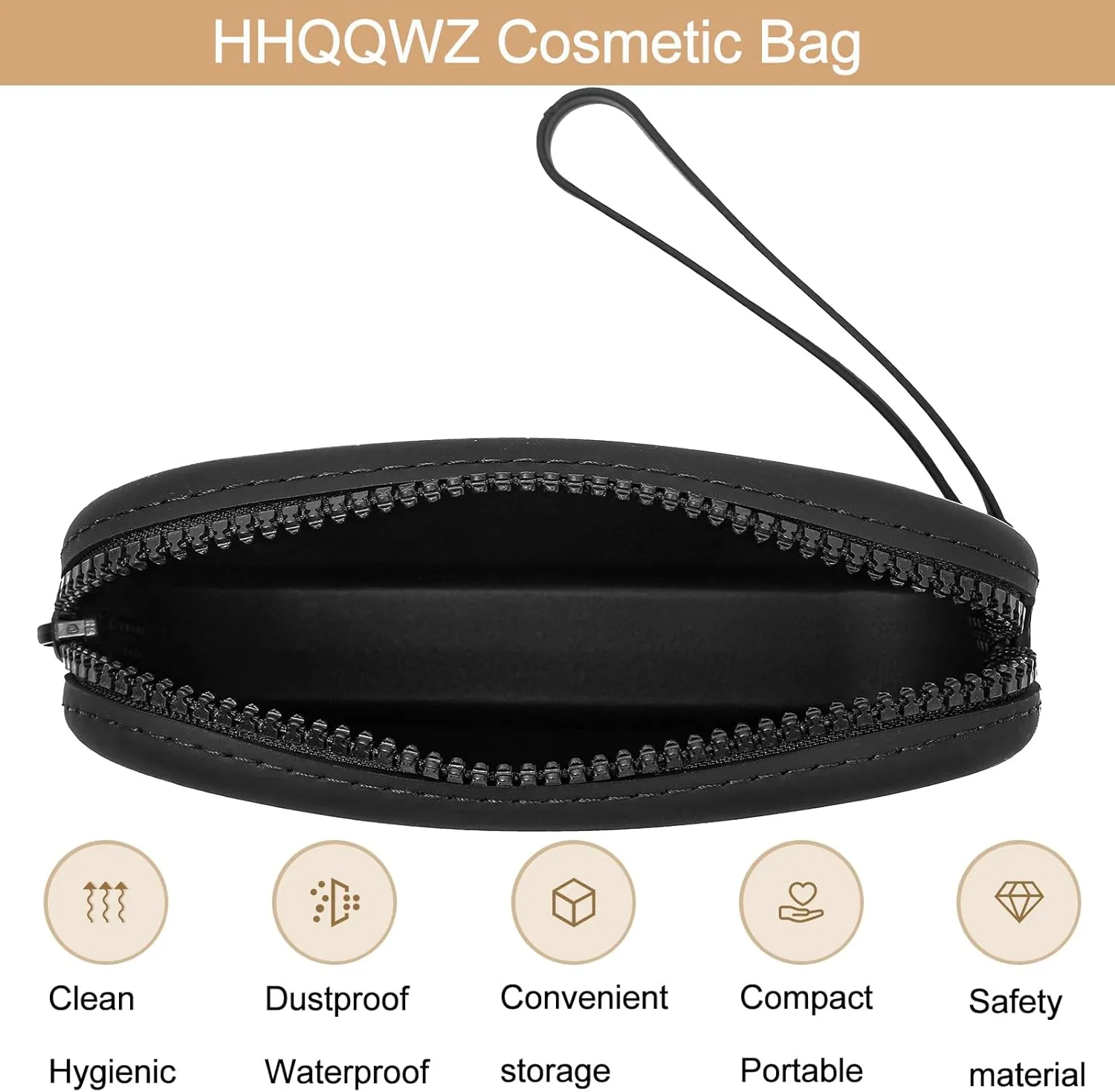 Portable Silicone Makeup Bag for Women, Small Travel Waterproof Toiletry Cosmetic Bag, Zipper Closure Organizer Makeup Case with Handle (Black)