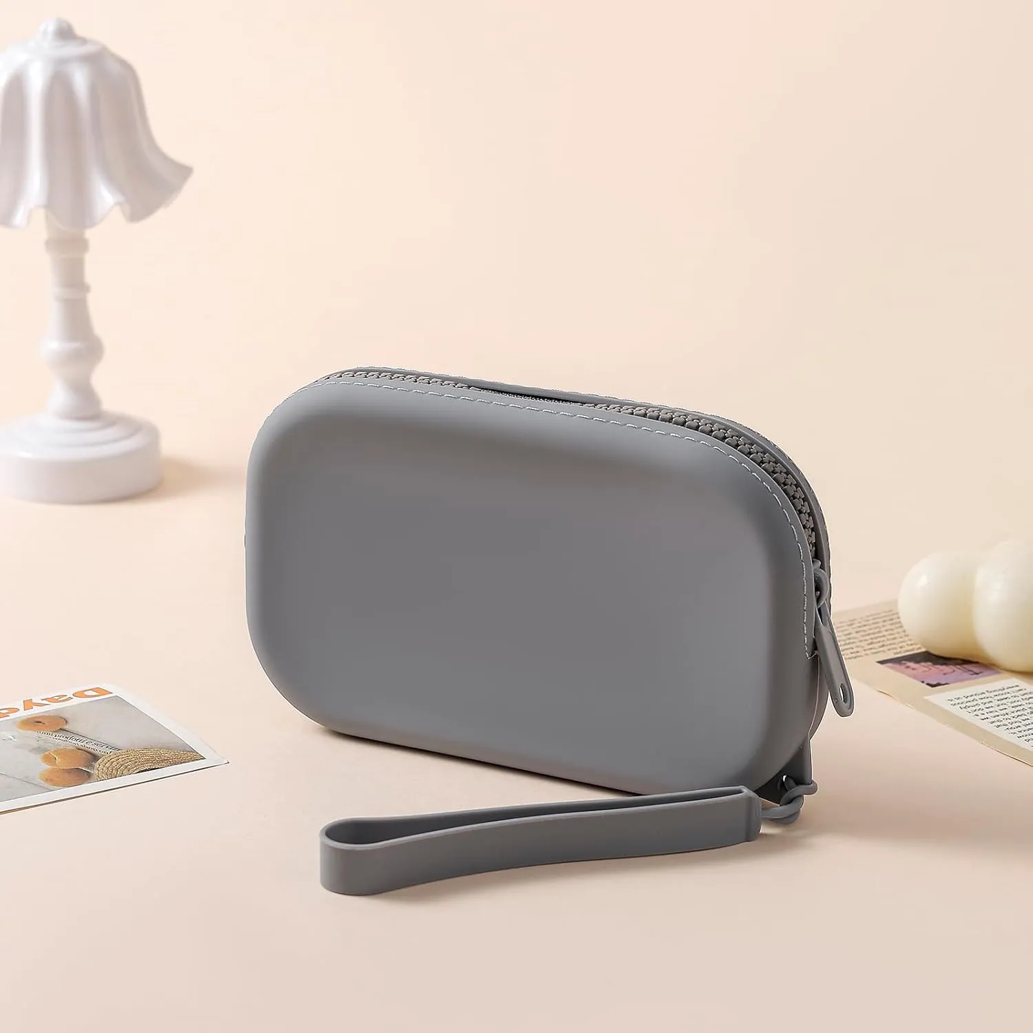 Portable Silicone Makeup Bag for Women, Small Travel Waterproof Toiletry Cosmetic Bag, Zipper Closure Organizer Makeup Case with Handle (Dark Grey)