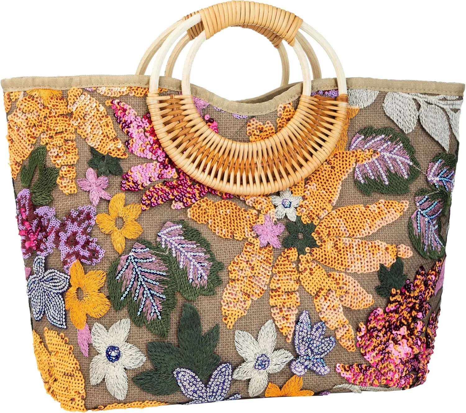 Rattan Wood Handle Sequin Embroidered Floral Beach Bag Tote for Vacation and Wedding Party
