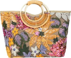 Rattan Wood Handle Sequin Embroidered Floral Beach Bag Tote for Vacation and Wedding Party