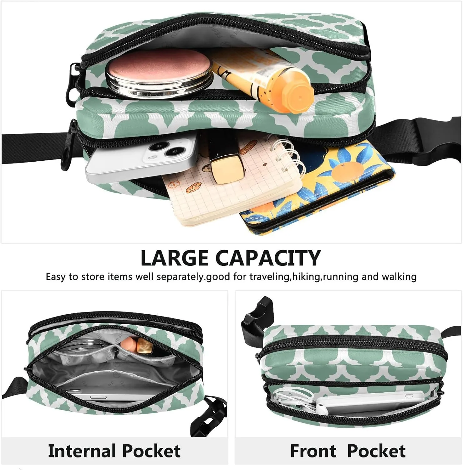 Sage Green Moroccan Fanny Packs for Women Belt Bag Cross Body Waterproof Fanny Pack Fashion Waist Packs with Adjustable Strap Crossbody Bag for Running Hiking Men Sports Traveling