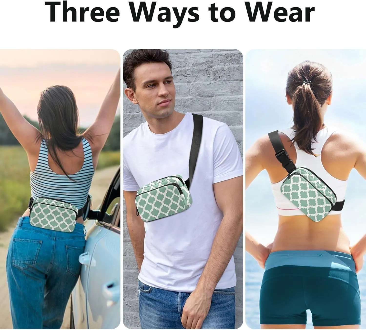 Sage Green Moroccan Fanny Packs for Women Belt Bag Cross Body Waterproof Fanny Pack Fashion Waist Packs with Adjustable Strap Crossbody Bag for Running Hiking Men Sports Traveling