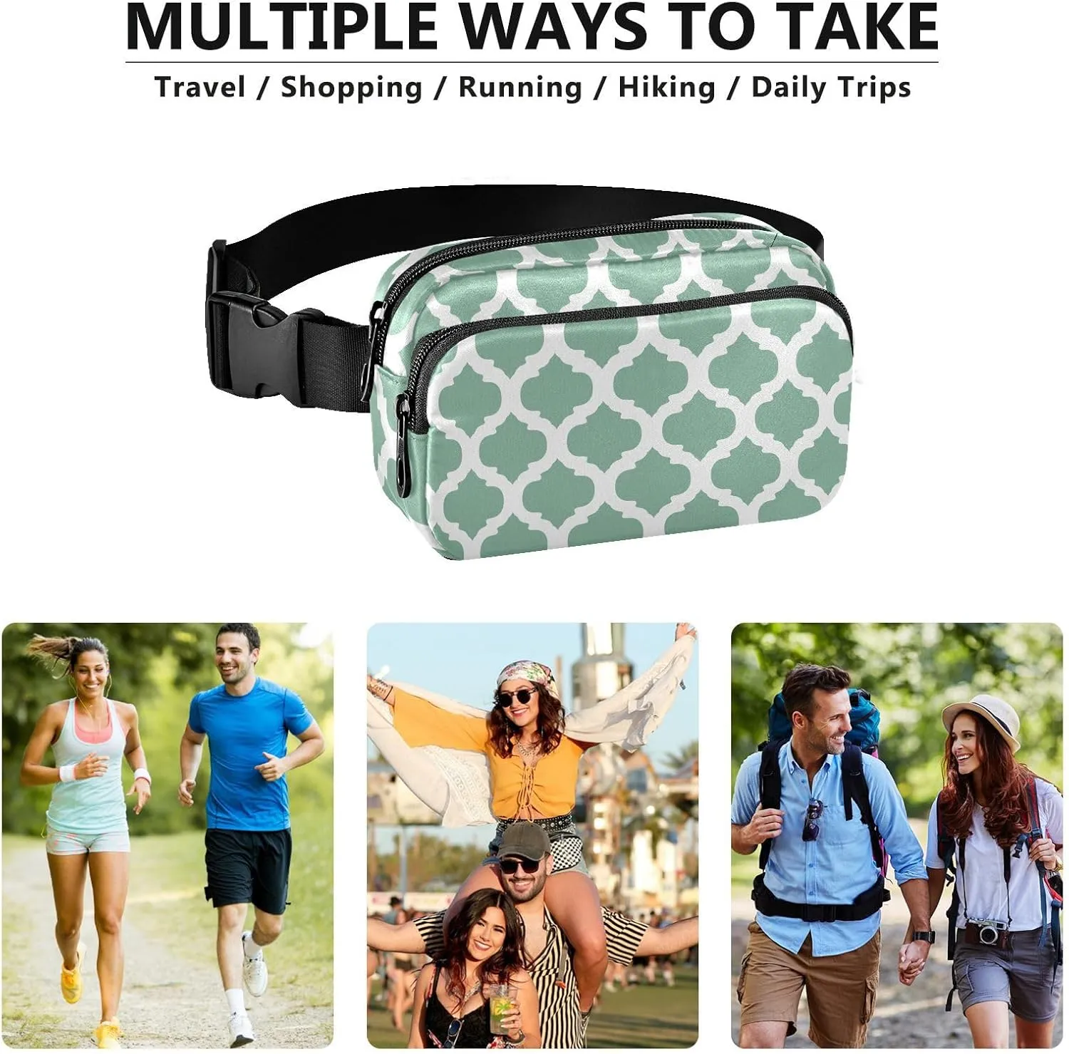 Sage Green Moroccan Fanny Packs for Women Belt Bag Cross Body Waterproof Fanny Pack Fashion Waist Packs with Adjustable Strap Crossbody Bag for Running Hiking Men Sports Traveling