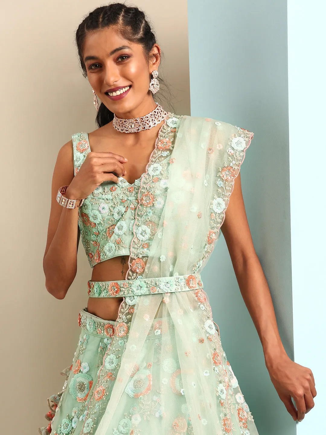 Shimmering Sea Green Lehenga Choli Set - Zari, Sequins & Thread Embroidery