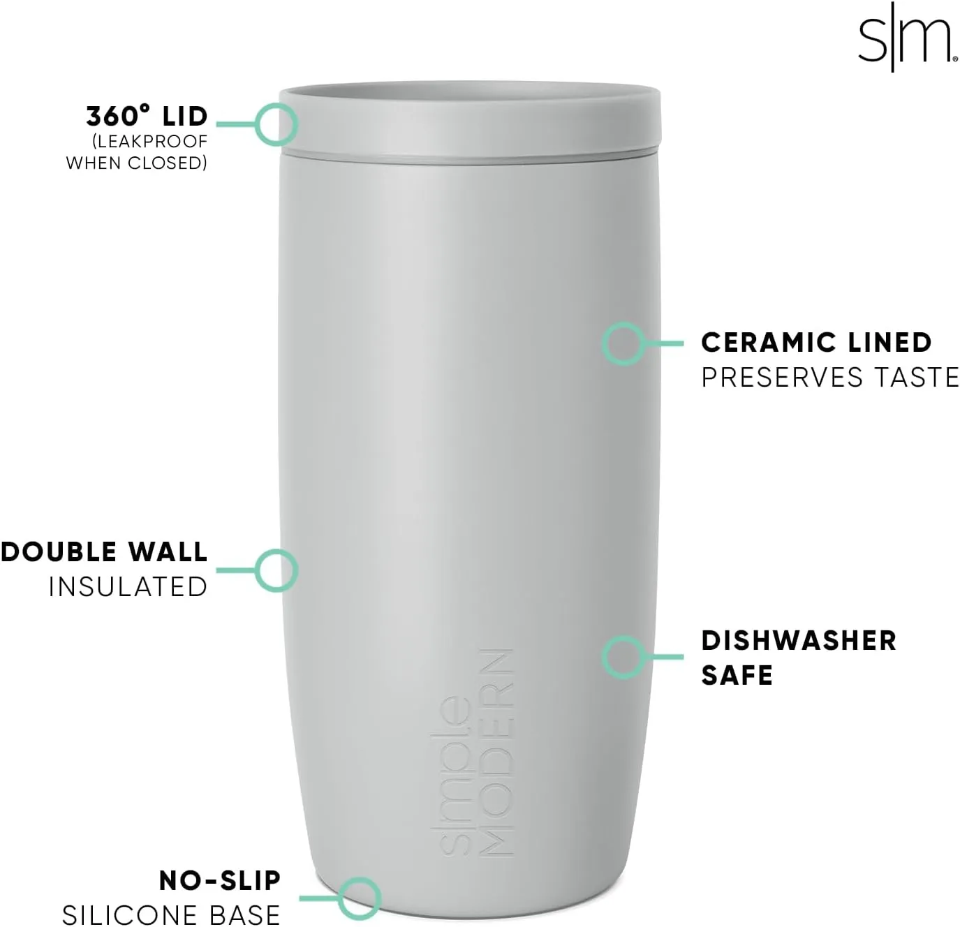 Simple Modern Travel Coffee Mug Tumbler with 360 Lid | Ceramic-Lined Insulated Stainless Steel Cold Brew Iced Coffee Cup Thermos | Gifts for Women Men Her Him | Voyager Signature | 16oz | Ice Gray