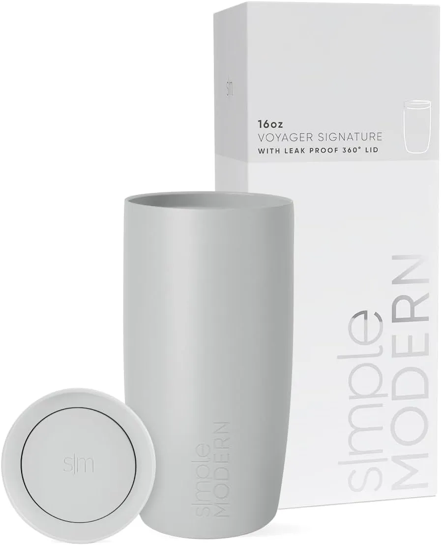 Simple Modern Travel Coffee Mug Tumbler with 360 Lid | Ceramic-Lined Insulated Stainless Steel Cold Brew Iced Coffee Cup Thermos | Gifts for Women Men Her Him | Voyager Signature | 16oz | Ice Gray