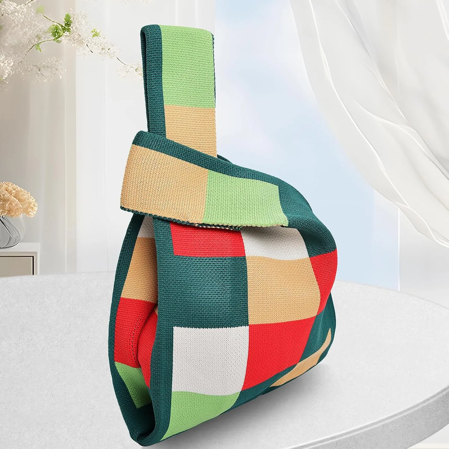 Small Crochet Knit Tote Wrist Bag, Portable Knot Sleeve Handle Bag Cute Wristlet Pouch Purse for Women