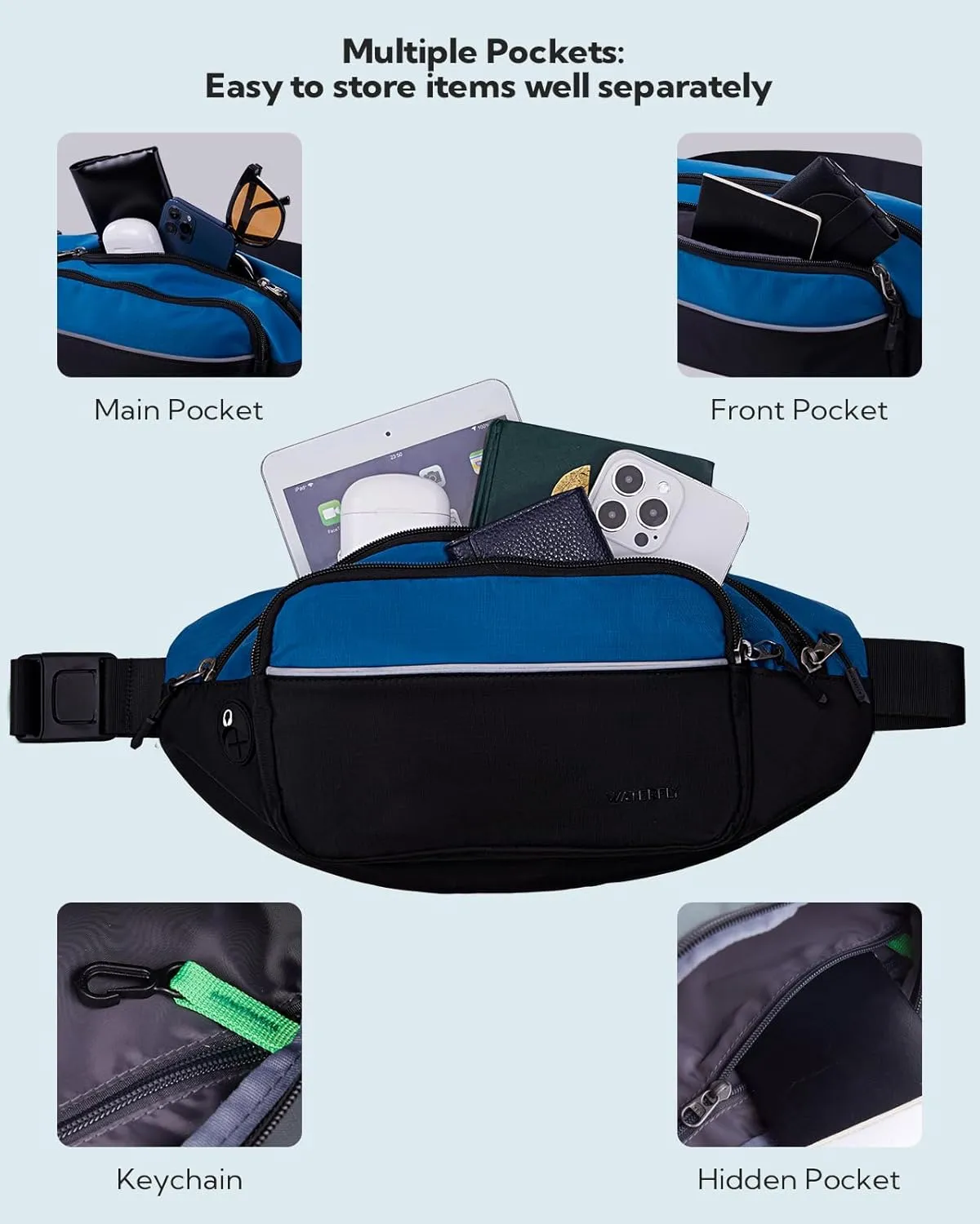 WATERFLY Fanny Pack Waist Bag: Large Waist Packs for Women Men Fashion Crossbody Belt Bags for Hiking Running Travel Walking-Black & Sky Blue