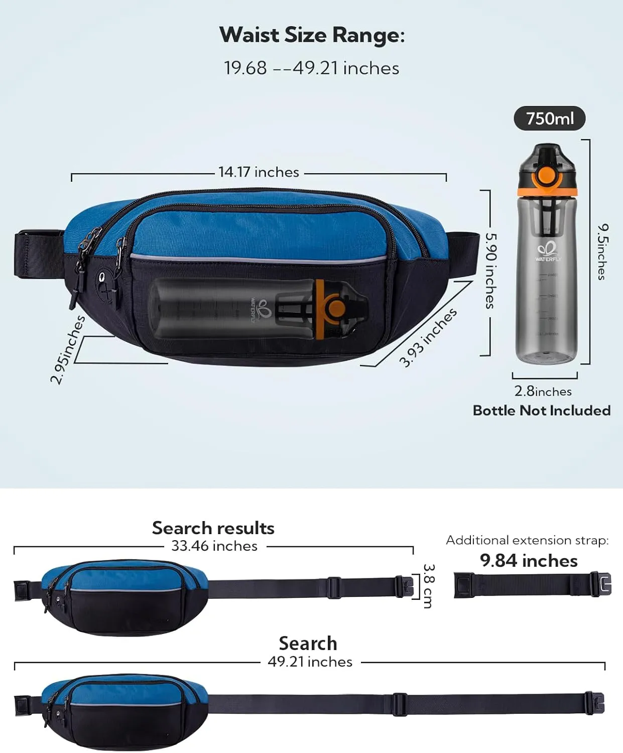 WATERFLY Fanny Pack Waist Bag: Large Waist Packs for Women Men Fashion Crossbody Belt Bags for Hiking Running Travel Walking-Black & Sky Blue